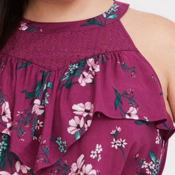 NWOT TORRID Challis Ruffle Tank Lace Inset High-Neck Floral Print Berry Blouse - Picture 3 of 7